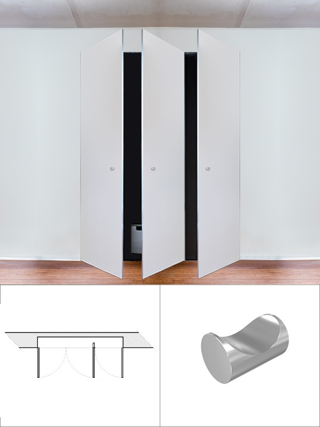 Wardrobe 3 doors with 2-left and 1-right door arrangement opening to the right with fixed knob